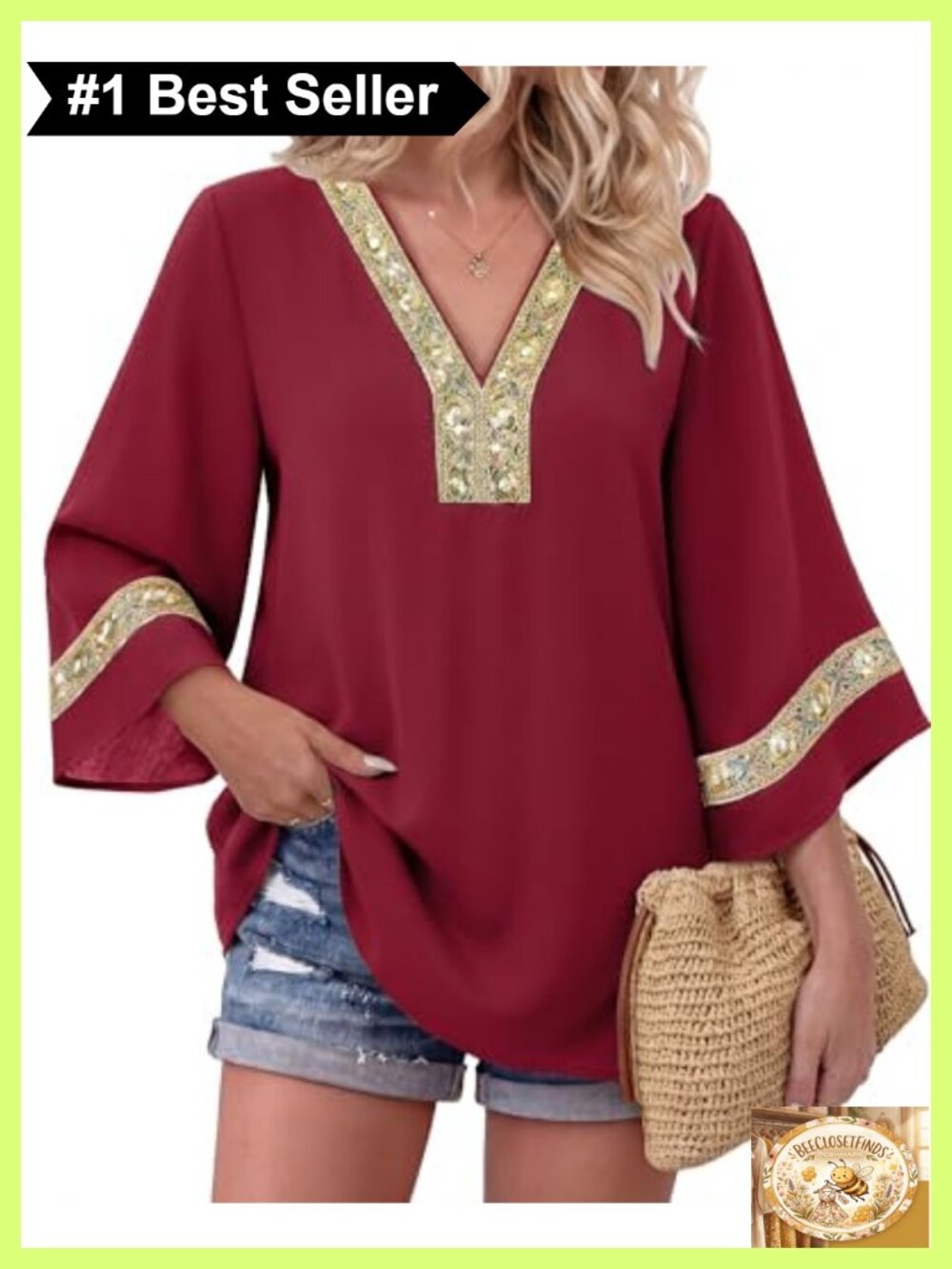 Women's 3/4 Sleeve Embroidered V Neck Tunic Top Boho Dressy Casual Blouse